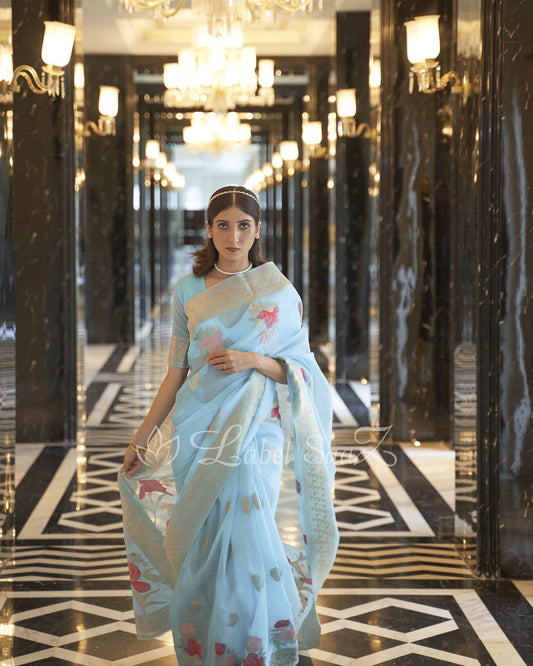 Sky Blue Floral Handwoven Linen Saree