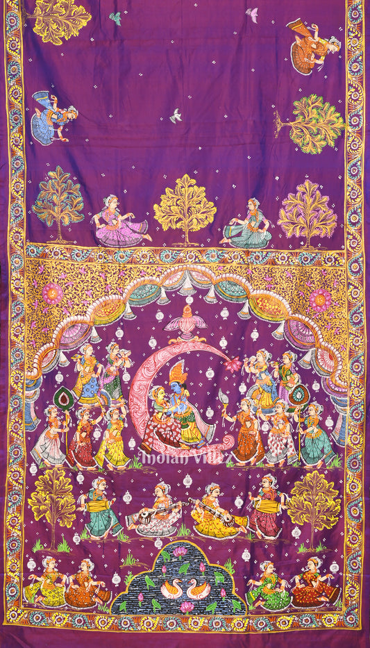 Purple Dual Tone Ardha Chandra Krishna Rasa Leela Hand-Painted Pattachitra Saree(Pre-Order)