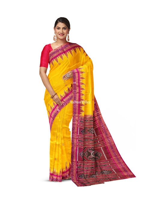 Yellow Red Butta design Odisha Ikat Khandua Silk Saree