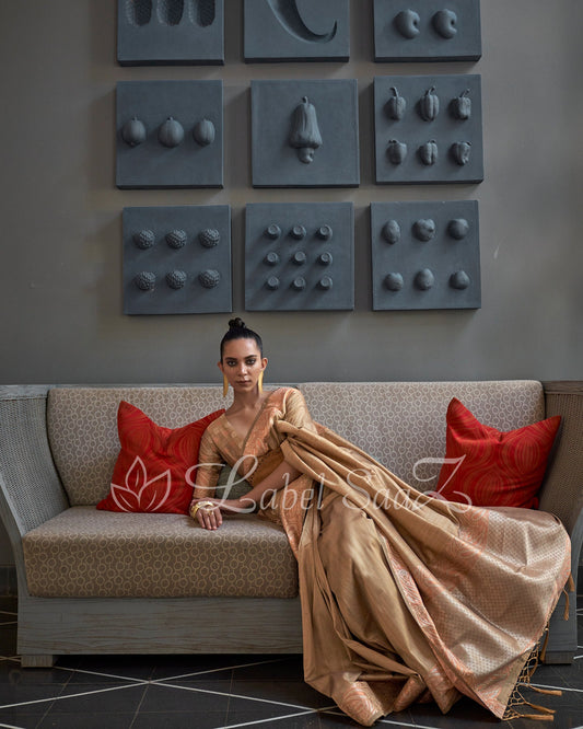 Beige Brown Handwoven Tussar Banarasi Saree with Copper Zari