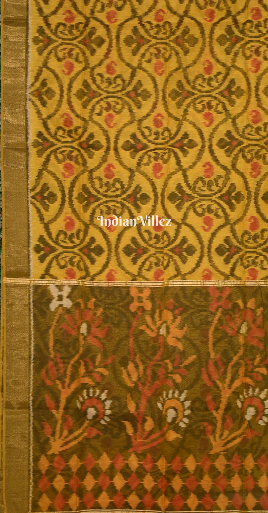 Mustard Yellow Green Pochampally Ikat Silk Cotton (Sico) Saree