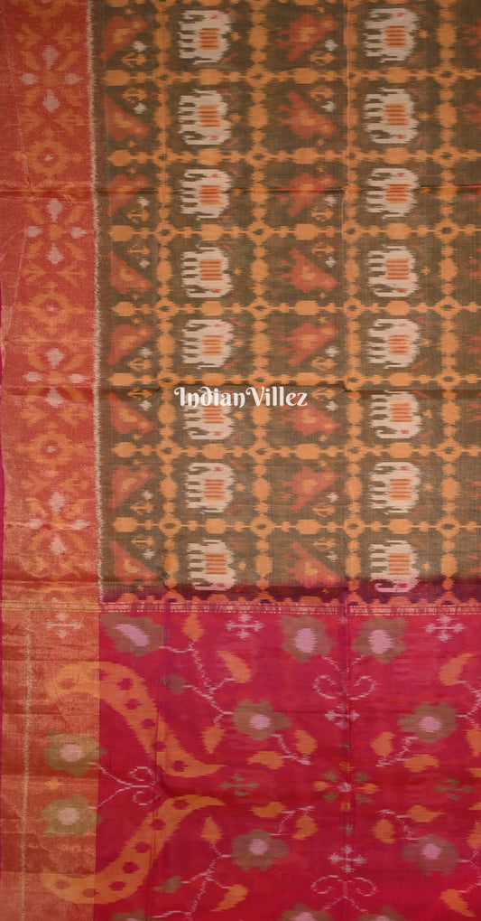 Olive Green Pink Pochampally Ikat (Sico) Saree