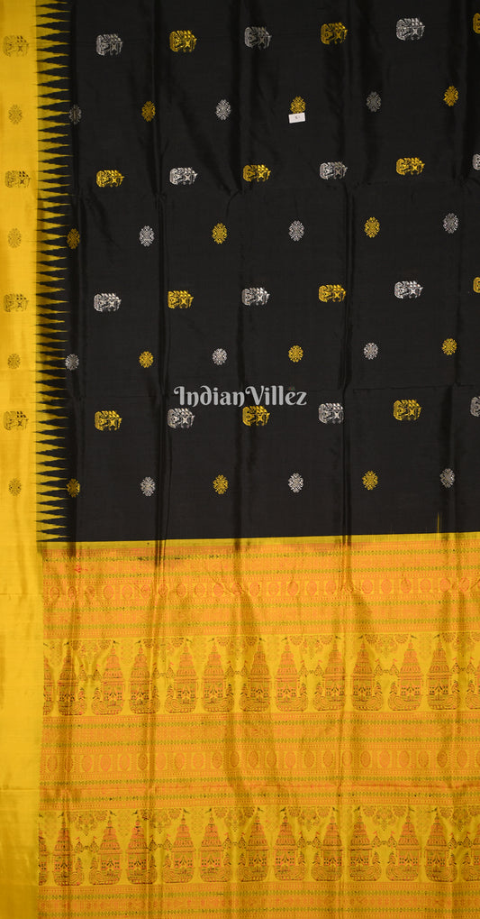 Black Mustard Yellow Boita Theme Odisha Ikat Bomkai Sambalpuri Silk Saree