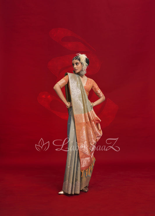 Grey Tussar Silk Handloom Weaving Silk Saree