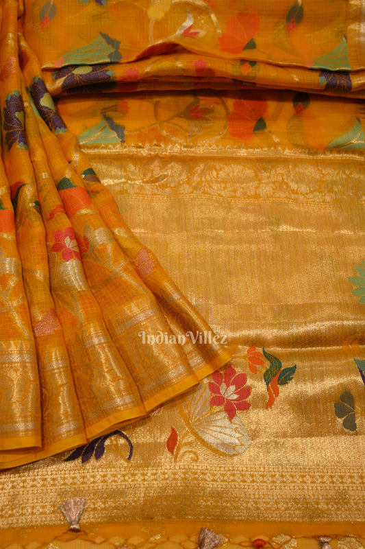 Yellow Pure Jamdani Banarasi Kota Saree