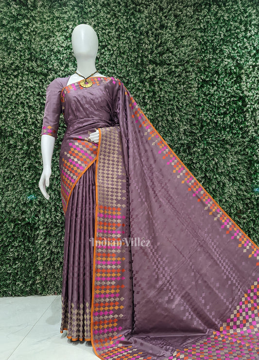 Exclusive Ravi Verma Painting Lavender Satin Banarasi Saree