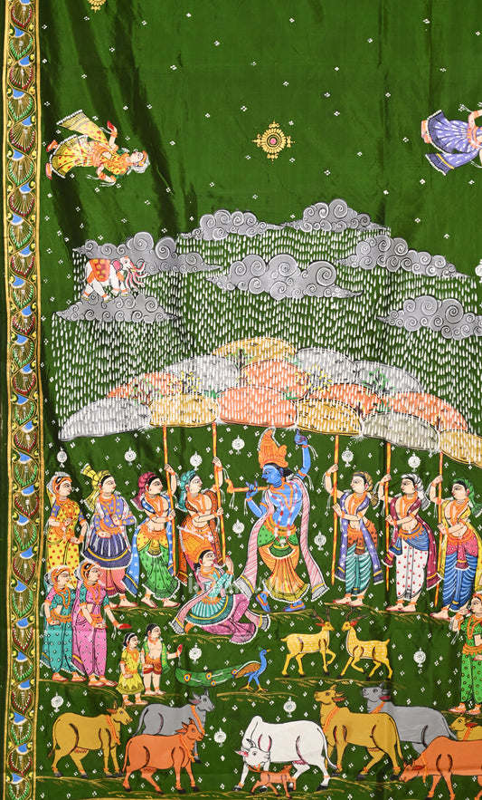 Green Giri Govardhan Hand-Painted Pattachitra Saree