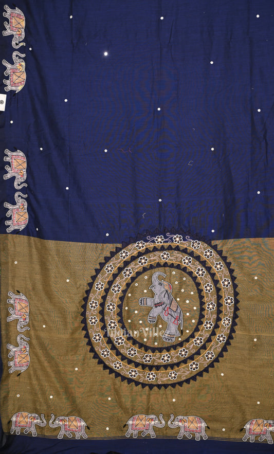 Blue Applique Hand Work Embroidered Cotton Saree