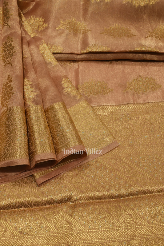 Peach Pink Zari Woven Tissue Banarasi Saree
