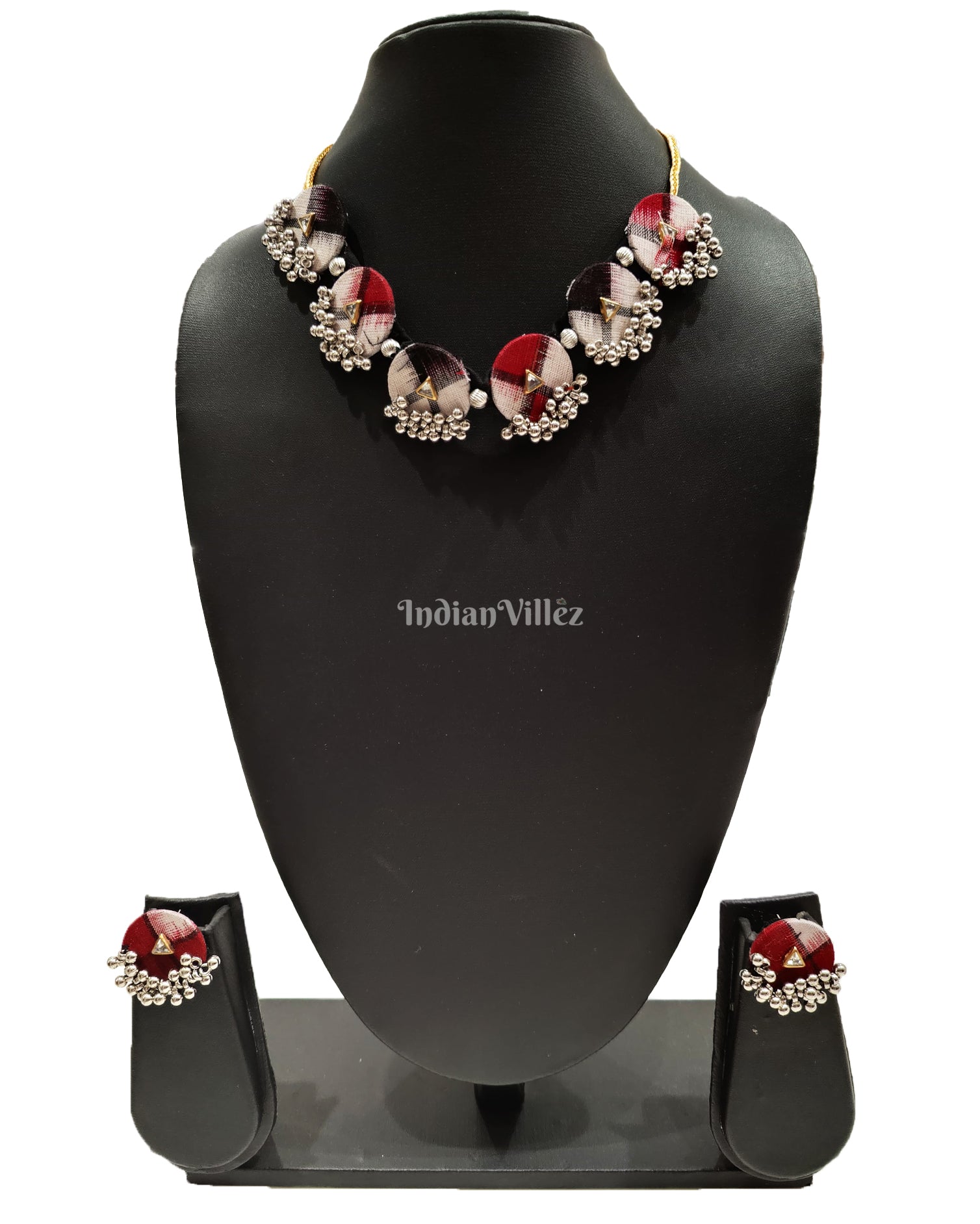 Red Black Coin Shape Silver Beads Sambalpuri Fabric Choker Jewellery Necklace Earrings Set