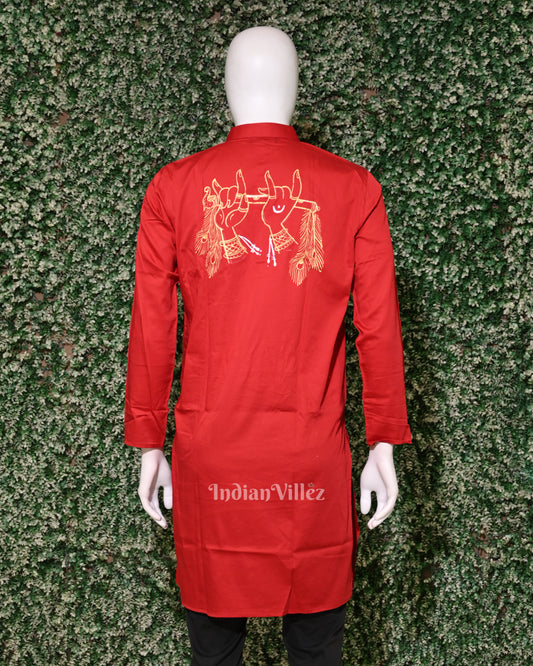 Red Radha Krishna Hand-Painted Pattachitra Kurta