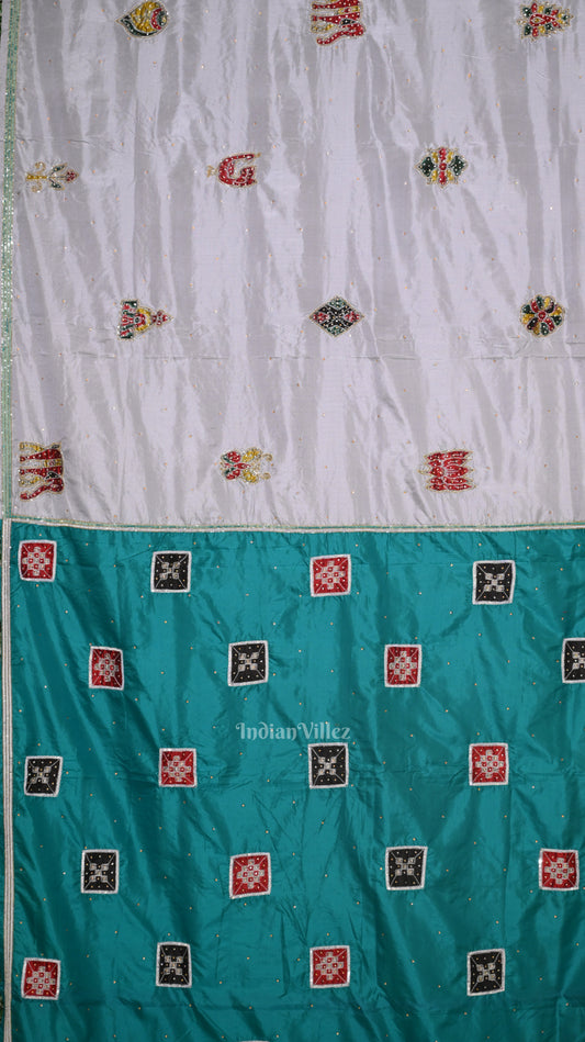 Blue Cement Square Motif Pure Silk Embroidery Saree