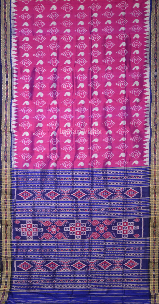 Magenta Pink Blue Sankha Motif Odisha Ikat Khandua Silk Saree with Pasapali Anchal