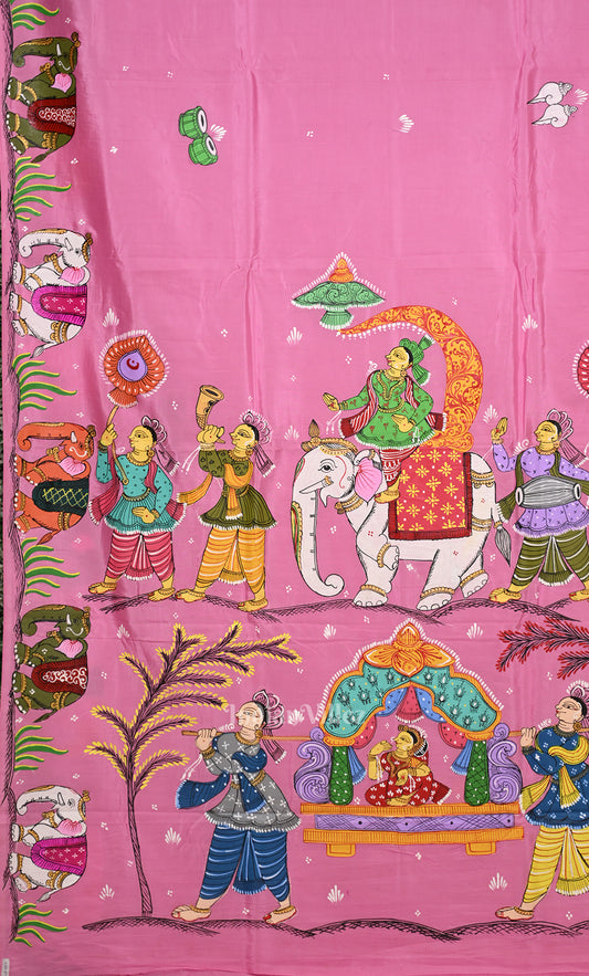 Pink Doli Barat Theme Hand-Painted Pattachitra Saree