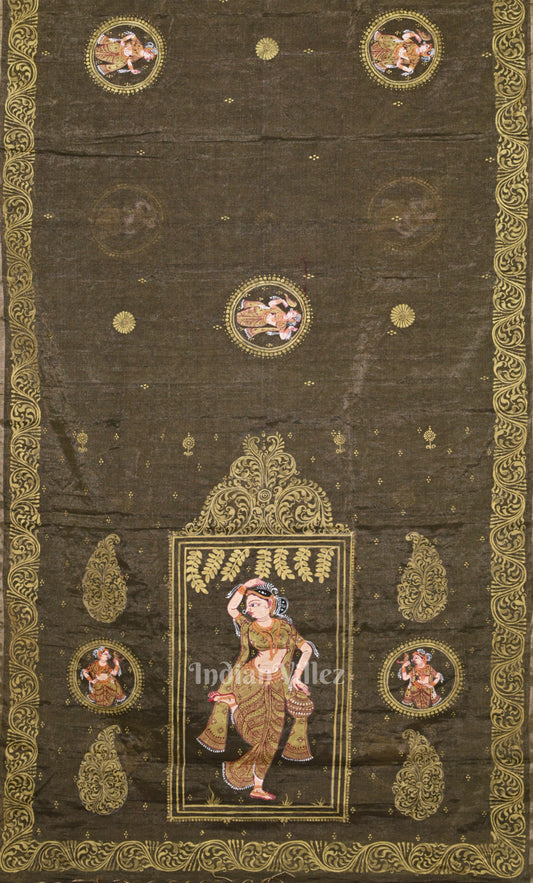 Grey Golden Shringar Ras Hand- Painted Pattachitra Saree
