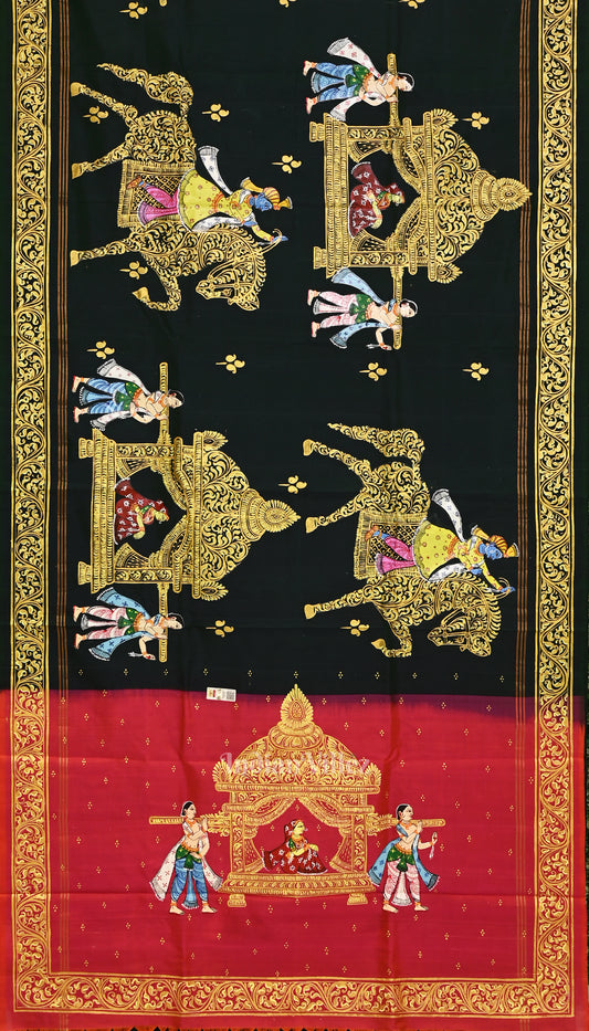 Bright Green with Red Doli Barat Theme Hand-Painted Pattachitra Saree