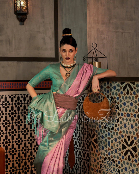 Ram Green with Peach Pure Zari Base Chaap Hand Woven Kanjivaram Silk Saree