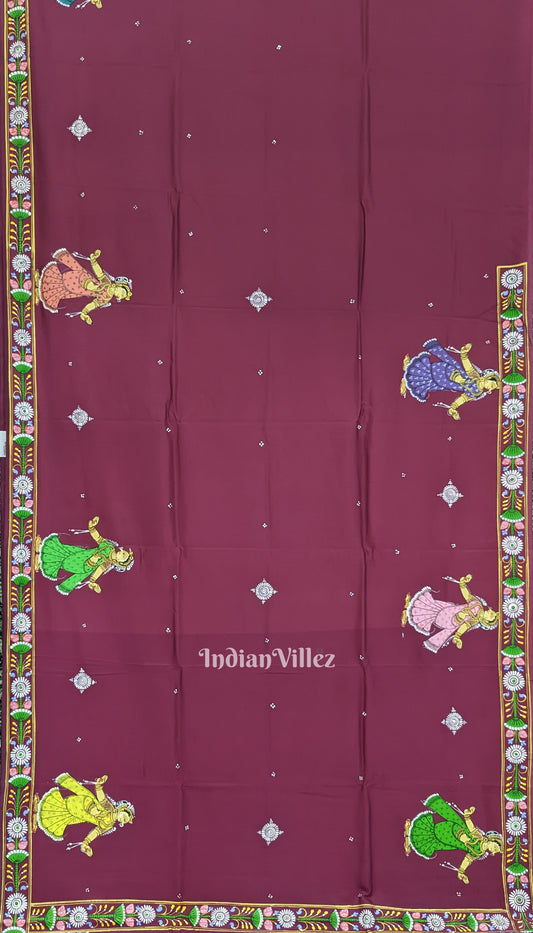 Magenta Ramayan Theme Hand-Painted Pattachitra Saree