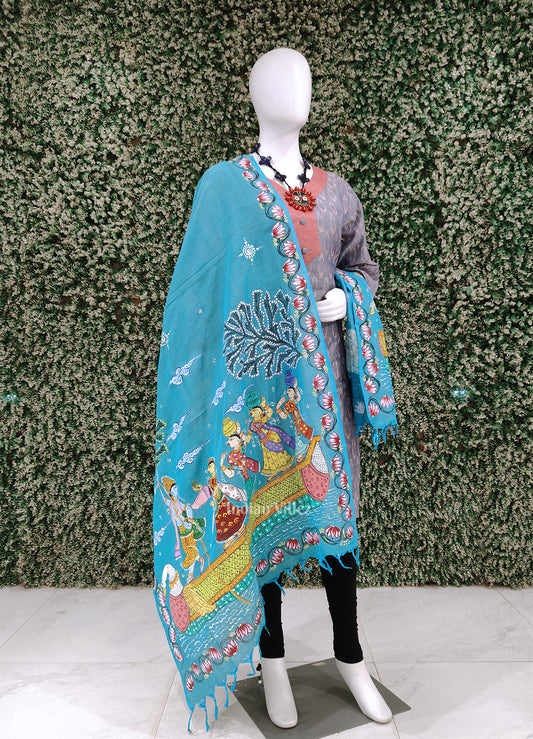 Sky Blue Boita Theme Tussar Pattachitra Dupatta