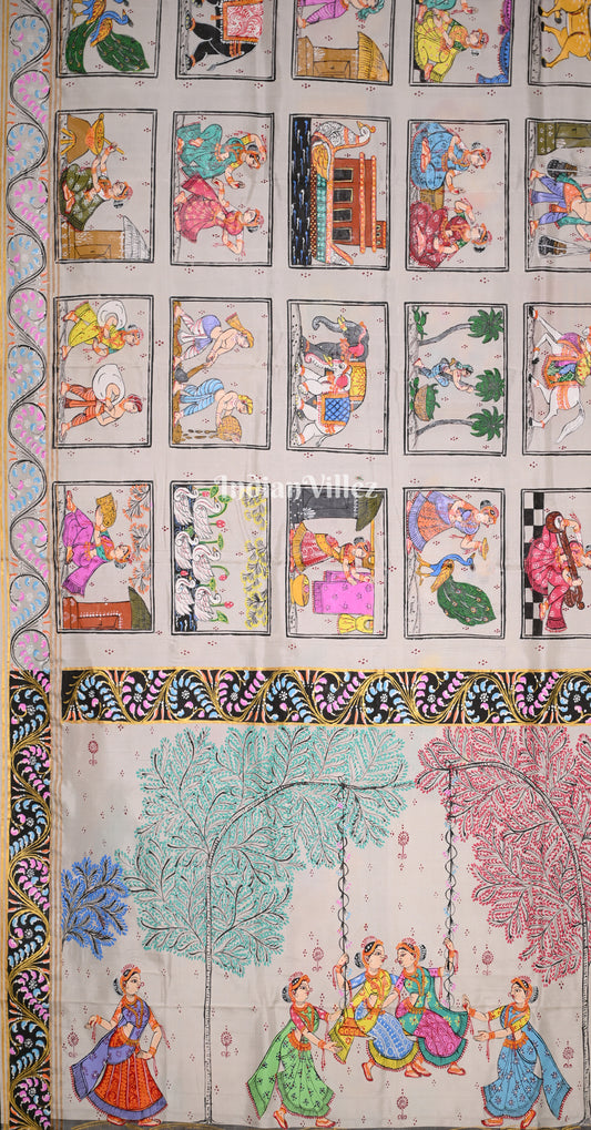White Black Krishna Raas Village Theme Hand- Painted Pattachitra Saree
