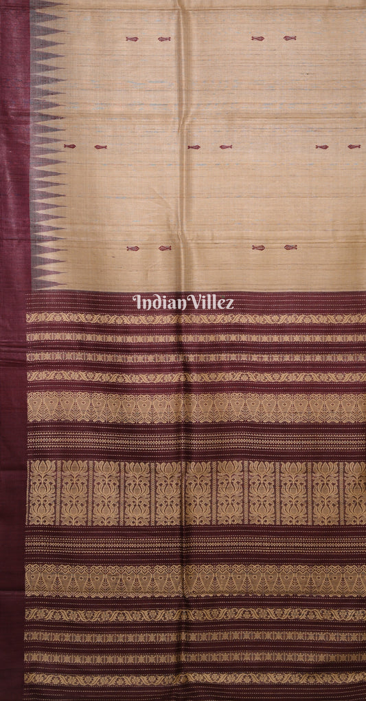 Beige Coffee Fish Motif Fine Gopalpur Double Pallu Tussar Silk Saree