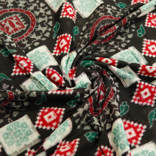 Black With Red Pasapalli Motif Sambalpuri Ikat Cotton Fabric