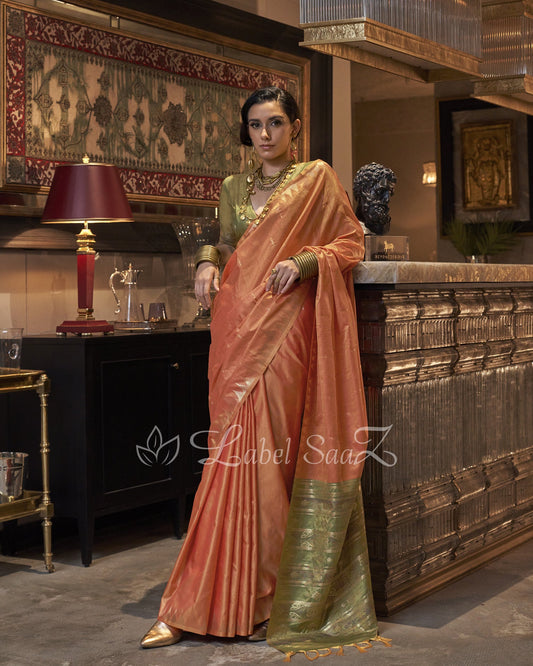 Orange Tussar Silk Handloom Weaving Saree