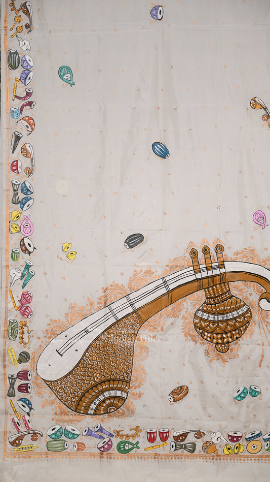 White Sitar Instrument Pattachitra Art Pure Silk Saree