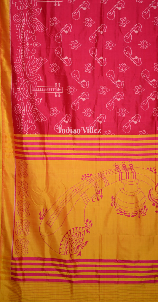 Rani Pink Mustard Yellow Veena Motif Contemporary Designer Silk Saree