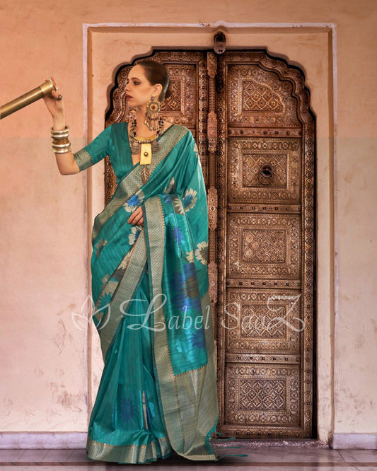 Pure Handloom Silk Firozi Blue Festive Saree