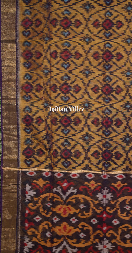 Mustard Yellow Black Green Pochampally Ikat Silk Cotton (Sico) Saree