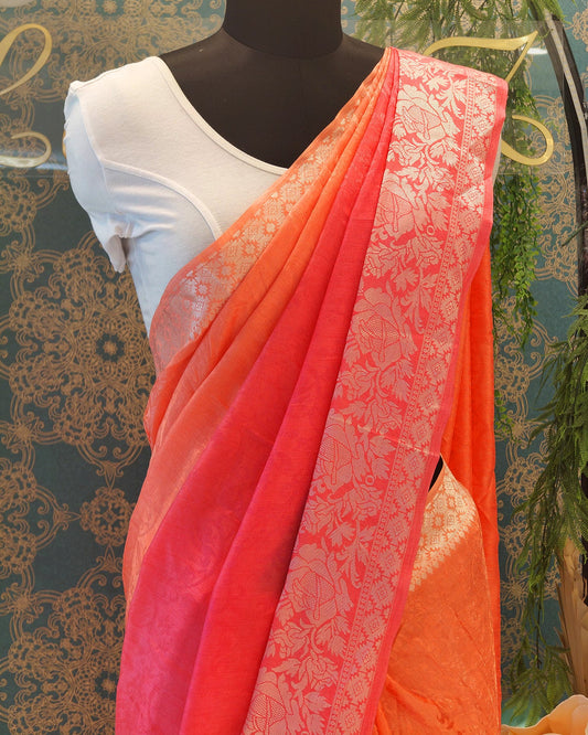 Red Orange Ombre Katan Georgette Banarasi Saree