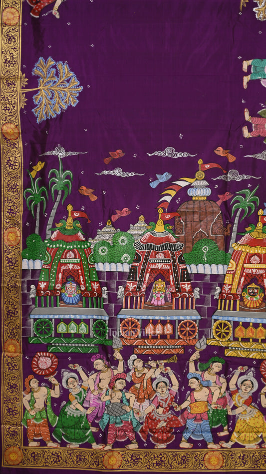 Purple Shree Jagannath Ratha Yatra Hand-Painted Pattachitra Saree