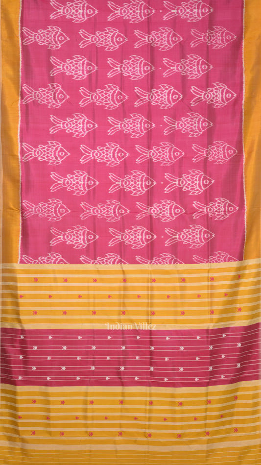 Baby Pink yellow Fish Motif Odisha Ikat Contemporary Designer Saree