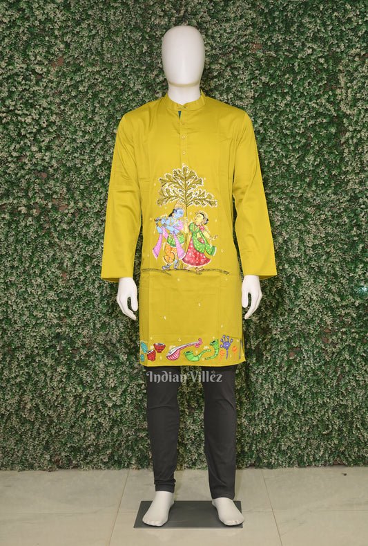 Mehendi Green Radha Krishna Hand-Painted Pattachitra Kurta