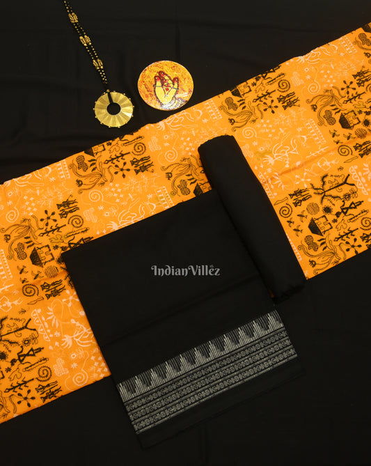 Yellow Black Tribal Design Sambalpuri Cotton Dress set with Dupatta