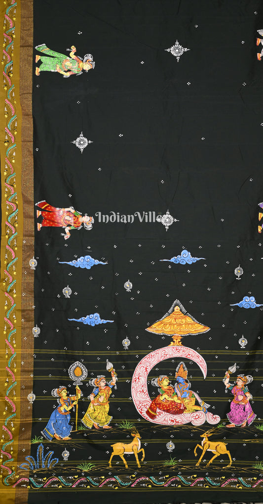 Bottle Green Ardha Chandra Krishna Rasa Leela Hand-Painted Pattachitra Saree