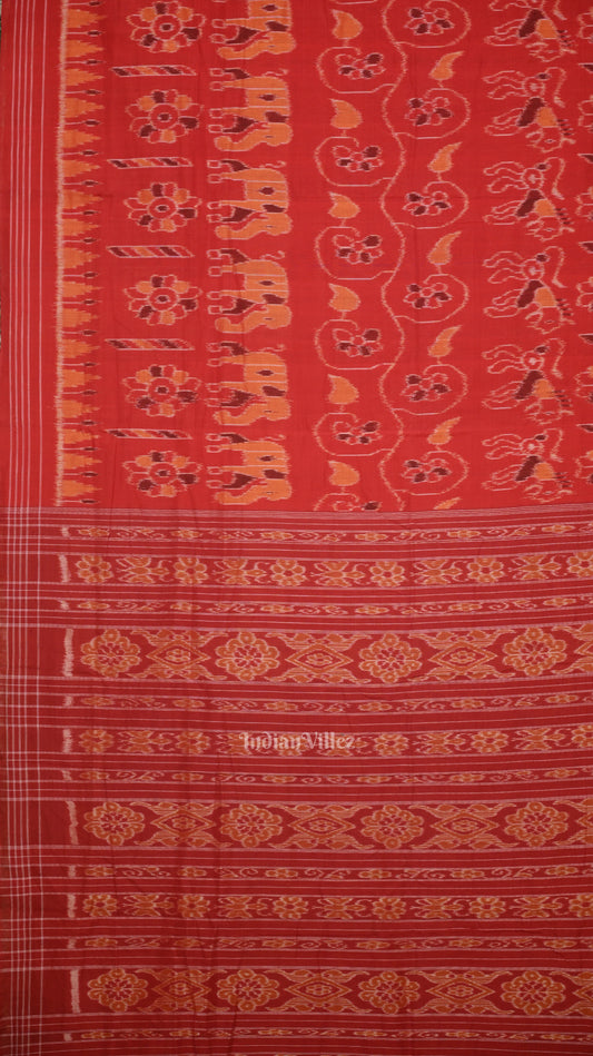 Red Elephant Theme Odisha Ikat Sambalpuri Cotton Saree