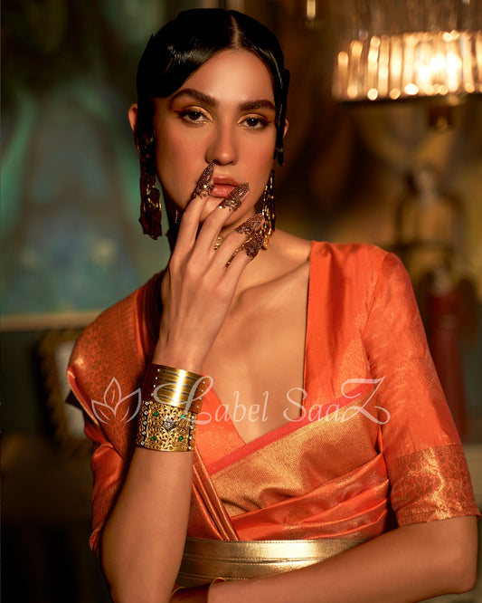 Orange Zari Base Tissue Banarasi Handloom Saree