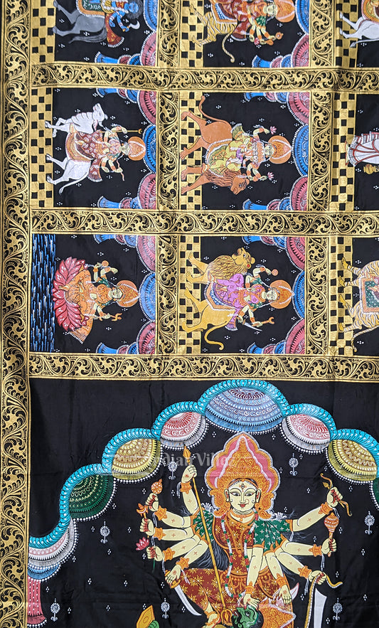 Black Navaratri Durga Puja Theme Hand-Painted Pattachitra Saree