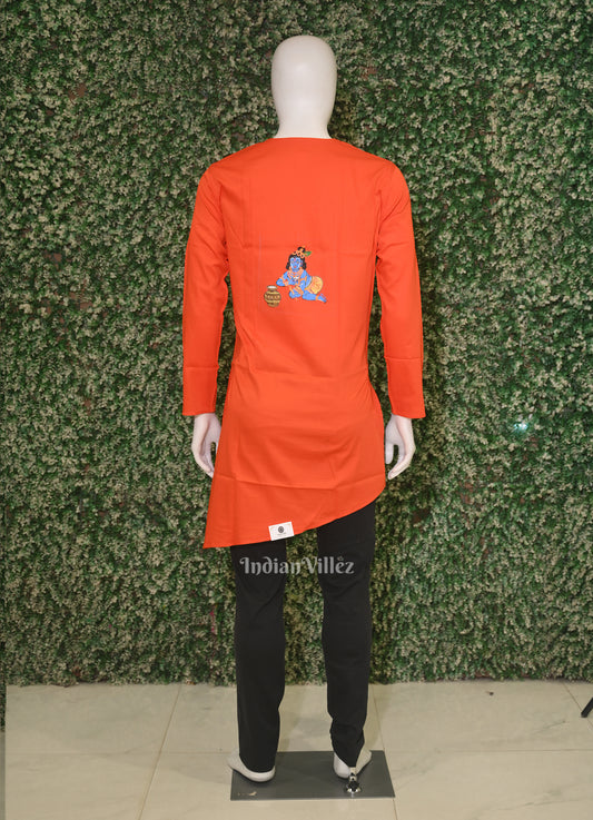 Orange Peacock Theme Hand-Painted Pattachitra Kurta