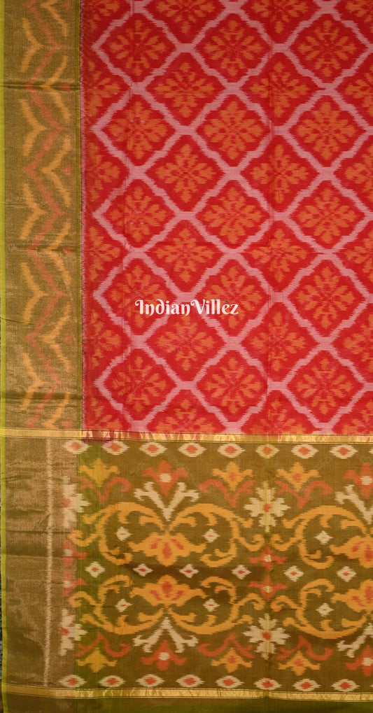 Brick Red Olive Green Pochampally Ikat Silk Cotton (Sico) Saree