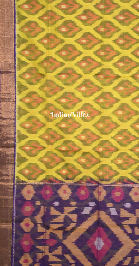 Lime Yellow Purple Pochampally Ikat Silk Cotton (Sico) Saree