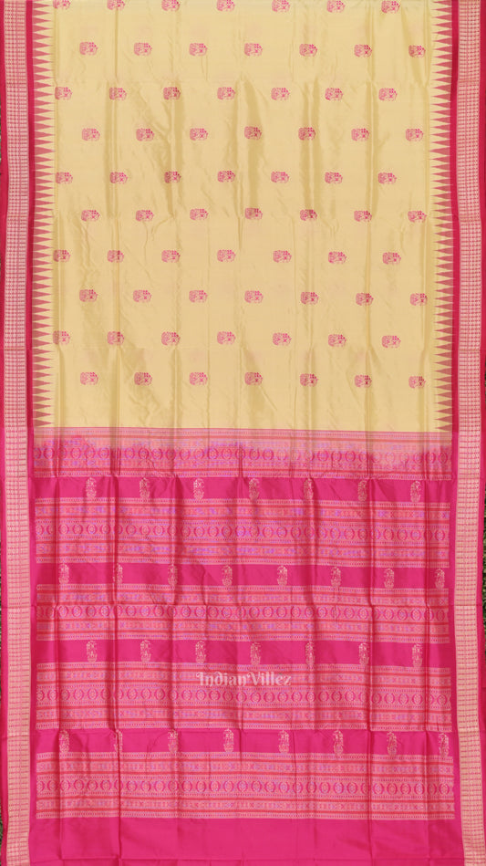 Cream Rani Pink Boita Design Bomkai Sambalpuri Silk Saree