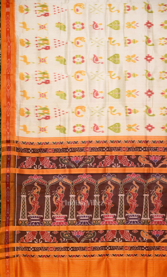 White Red Nabarangi Nabakothi Odisha Ikat Khandua Silk Saree with Nartaki Anchal