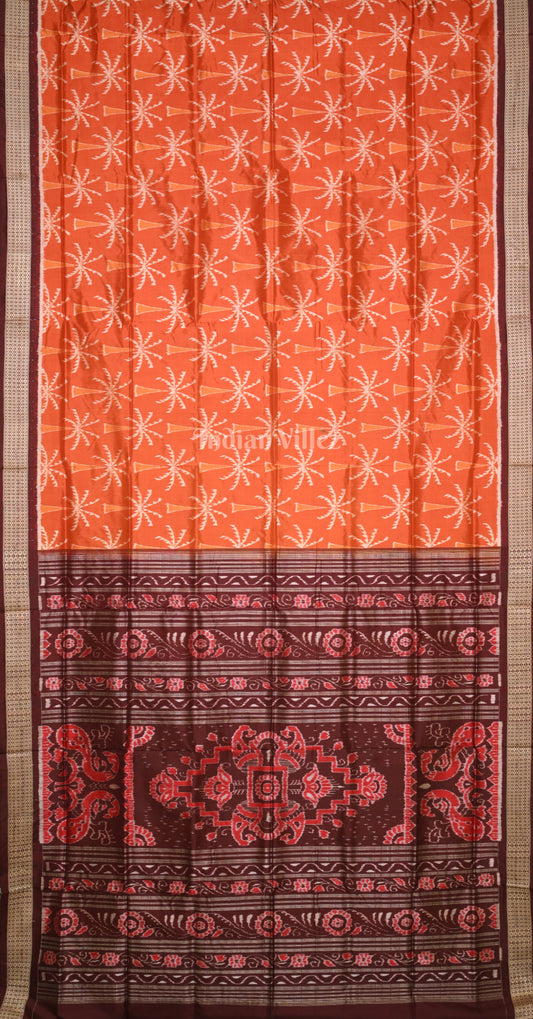 Rust Orange Coffee Coconut Tree Motif Odisha Ikat Sambalpuri Silk Saree