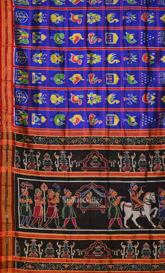 Blue Red Nabakothi Odisha Ikat Khandua Silk Saree with Doli Barat Anchal