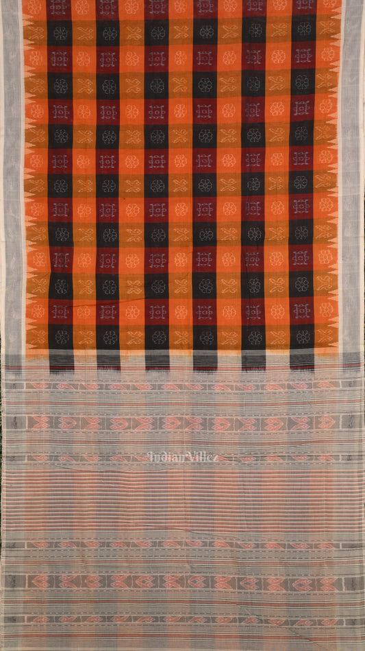 Orange Black Pure Sambalpuri Cotton Saree