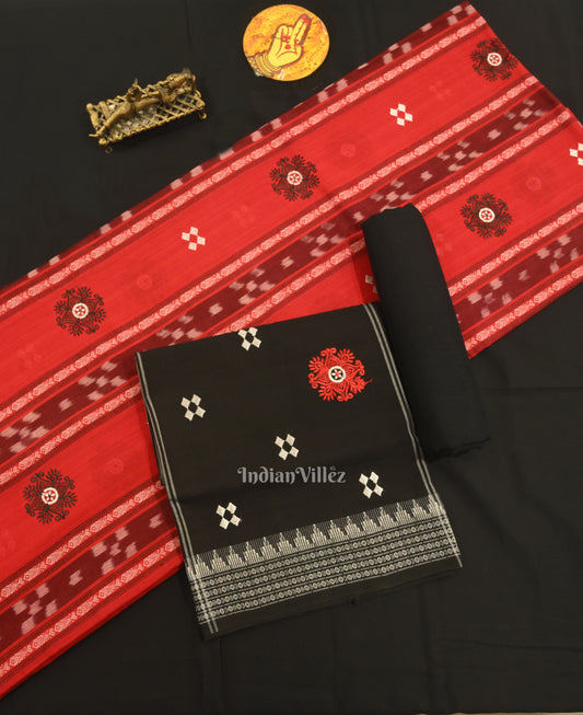 Red with Black Floral Buti Odisha Ikat Sambalpuri Dress Material & Dupatta