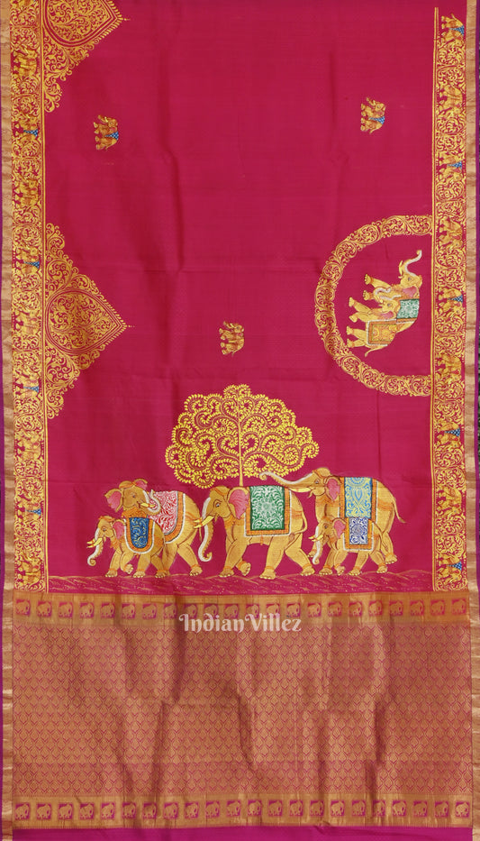 Rani Elephant Theme Hand-Painted Pattachitra Saree